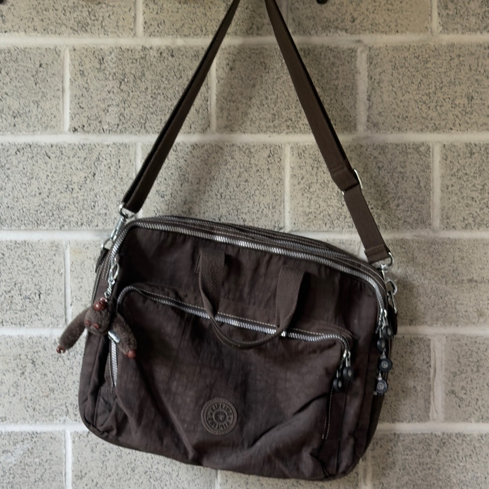 Kipling Brown Men's Crossbody briefcase Messenger Bag with Monkey Charm